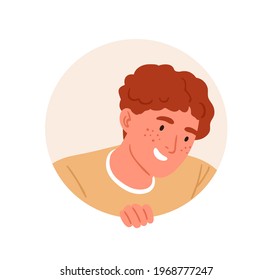 Happy funny person peeking out and looking from behind round hole. Curious teenager peeping from circle, watching for smth. Curiosity concept. Colored flat vector illustration isolated on white