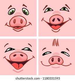 Happy Funny Pig Characters Set. Set of piggy face symbol of the year. Cartoon Style Vector Illustration. For congratulations, T-shirts, postcards, flyers, packages, textiles.