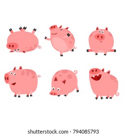 Happy Funny Pig Characters Set. Cartoon Style Vector Illustration