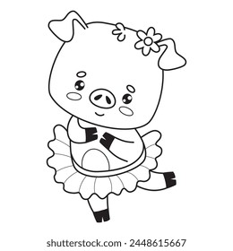 Happy funny pig girl ballerina. Cute outline cartoon animal. Line drawing, coloring book. Vector illustration. Kids collection