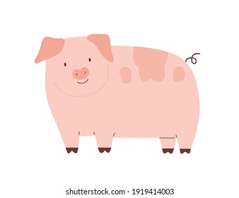 Happy funny pig isolated on white background. Cute pink piglet with hooked tail. Childish colored flat cartoon vector illustration