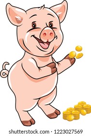 Happy funny piggy with coins. Vector