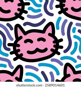 Happy funny pink cat seamless pattern with blue theme doodle around