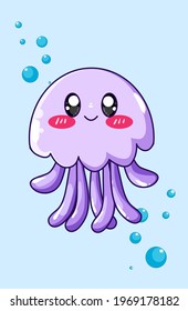 Happy and funny purple jellyfish cartoon illustration