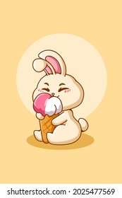 Happy and funny rabbit with ice cream cartoon illustration