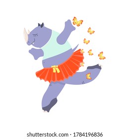 Happy funny rhino is dancing among butterflies. Cute character isolated on white. Flat Art Vector Illustration