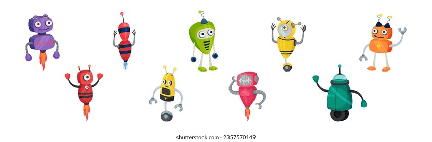 Happy Funny Robots with Iron Limbs Vector Set