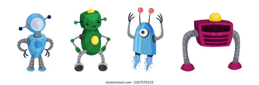 Happy Funny Robots with Iron Limbs Vector Set