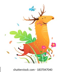 Happy funny running moose or deer in nature, cartoon for children. Vector watercolor style cartoon.