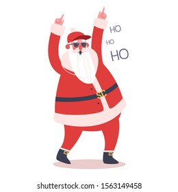 Happy funny Santa Claus in modern clothes and cap singing Christmas rap music. Winter holiday and christmas celebration. Isolated vector illustration in flat style