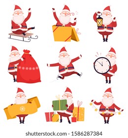 Happy Funny Santa Claus with Presents Collection, Christmas and New Year Character, Winter Holidays Design Element Vector Illustration