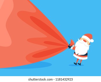 Happy funny Santa Claus in red clothes holding giant red bag full of gifts. Winter holiday and christmas celebration. Flat vector illustration