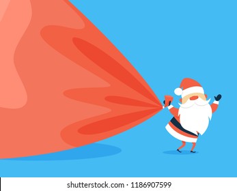 Happy funny Santa Claus in red clothes holding giant red bag full of gifts. Winter holiday and christmas celebration. Flat vector illustration