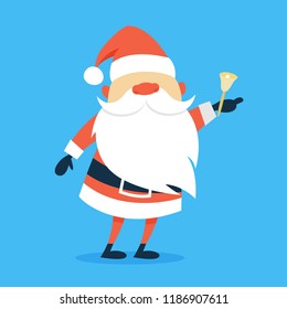 Happy funny Santa Claus in red clothes holding golden bell. Winter holiday and christmas celebration. Flat vector illustration