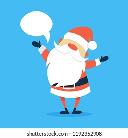 Happy funny Santa Claus in red clothes talking using speech bubble. Winter holiday and christmas celebration. Flat vector illustration