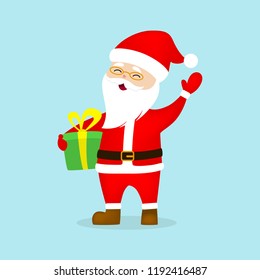 Happy funny Santa Claus in red clothes holding green gift box. Winter holiday and christmas celebration. Flat vector illustration