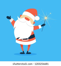 Happy funny Santa Claus in red clothes holding sparkles. Winter holiday and christmas celebration. Cute character in hat. Flat vector illustration