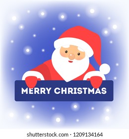 Happy funny Santa Claus in red clothes holding blue banner. Merry christmas greeting. Winter holiday and xmas celebration. Flat vector illustration