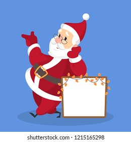 Happy funny Santa Claus in red clothes standing at wooden banner. Merry christmas greeting. Winter holiday and xmas celebration. Flat vector illustration