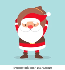 Happy funny Santa Claus in red clothes holding big bag with gifts. Winter holiday and christmas celebration. Isolated vector illustration in flat style