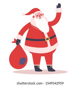 Happy funny Santa Claus in red clothes holding big bag with gifts. Winter holiday and christmas celebration. Isolated vector illustration in flat style
