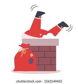 Happy funny Santa Claus in red clothes coming down a chimney. Cute holiday season cartoon illustration. Christmas and New Year celebration. Isolated vector illustration in flat style