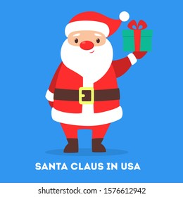 Happy funny Santa Claus in red clothes holding gift box. Winter holiday and christmas celebration. Flat illustration