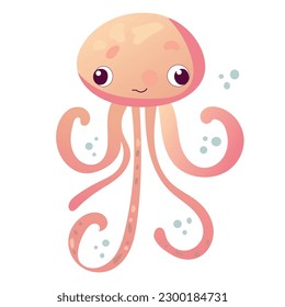 Happy and funny sea cartoon octopus monster swimming and looking isolated on white background. Flat vector illustration for children.