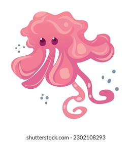 Happy and funny sea cartoon octopus monster swimming and looking on light background. Flat vector illustration for children.