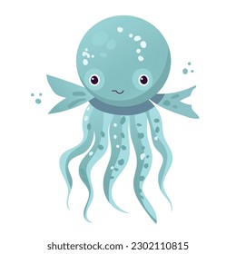 Happy and funny sea cartoon octopus monster swimming and looking on light background. Flat vector illustration for children.