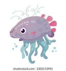 Happy and funny sea cartoon octopus monster swimming and looking on light background. Flat vector illustration for children.