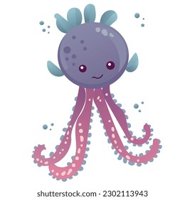Happy and funny sea cartoon octopus monster swimming and looking on light background. Flat vector illustration for children.