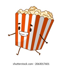 Happy funny smiling popcorn packaging cartoon character vector illustration