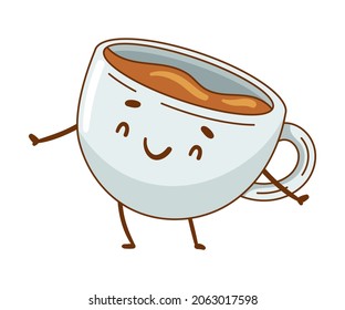 Happy funny smiling tea or coffee cup cartoon character vector illustration