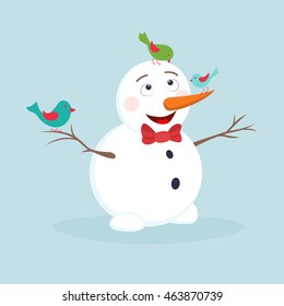 Happy funny snowman with colorful birds. Isolated cartoon style vector illustration on light blue background.