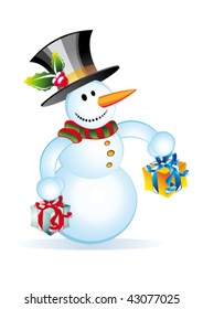 Happy and funny Snowman with two gift boxes