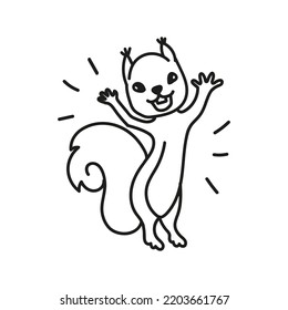Happy funny squirrel with hand up 
doodle hand drawn vector illustration