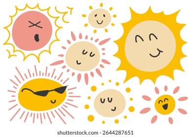 Happy funny sun faces set. Smiling suns vector illustration. Modern mascot stickers.