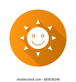 Happy and funny sun smile. Flat design long shadow glyph icon. Good mood. Summertime. Vector silhouette illustration