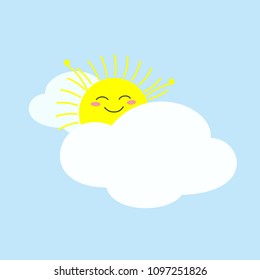 Happy funny sun stretching after waking up on a cloudy bed. Vector illustration 