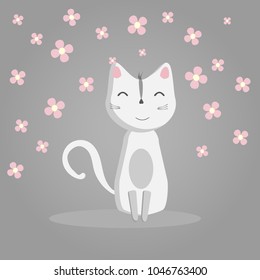 happy funny white cat on a gray background, pink flowers, domestic cat