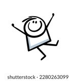 Happy funny wild stickman with rising hands jumps in high delight  and joy dance. Vector illustration of cute welcome child  playing game.