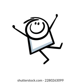 Happy funny wild stickman with rising hands jumps in high delight  and joy dance. Vector illustration of cute welcome child  playing game.