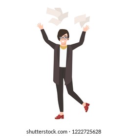 Happy funny woman manager or clerk throwing paper documents. Cheerful female office worker celebrating success isolated on white background. Colorful vector illustration in flat cartoon style.