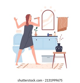 Happy funny woman singing with comb in hand in bathroom. Female imagining hair brush to be microphone. Person having fun after shower at home. Flat vector illustration isolated on white background