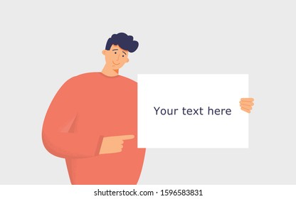 Happy funny young guy holding or showing or displaying white paper or blank board or banner or poster.Inscription Your text here.Funky figures style.Hand drawn vector design illustrations