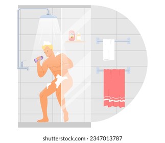 Feliz y gracioso joven duchándose en el baño de su casa cantando y divirtiéndose en la ilustración del vector. Concepto de rutina matutina
