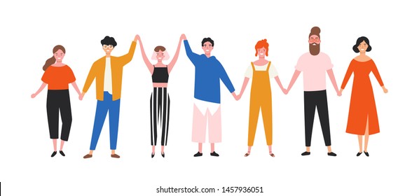 Happy funny young men and women holding hands. Cute smiling people standing in row together. Group of joyful friends. Union, community, association. Flat cartoon colorful vector illustration.