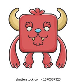 Happy furry red square Devil cartoon monster isolated on white