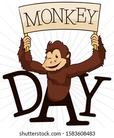 Happy, furry, smiling monkey, holding a sign and celebrating its day.
